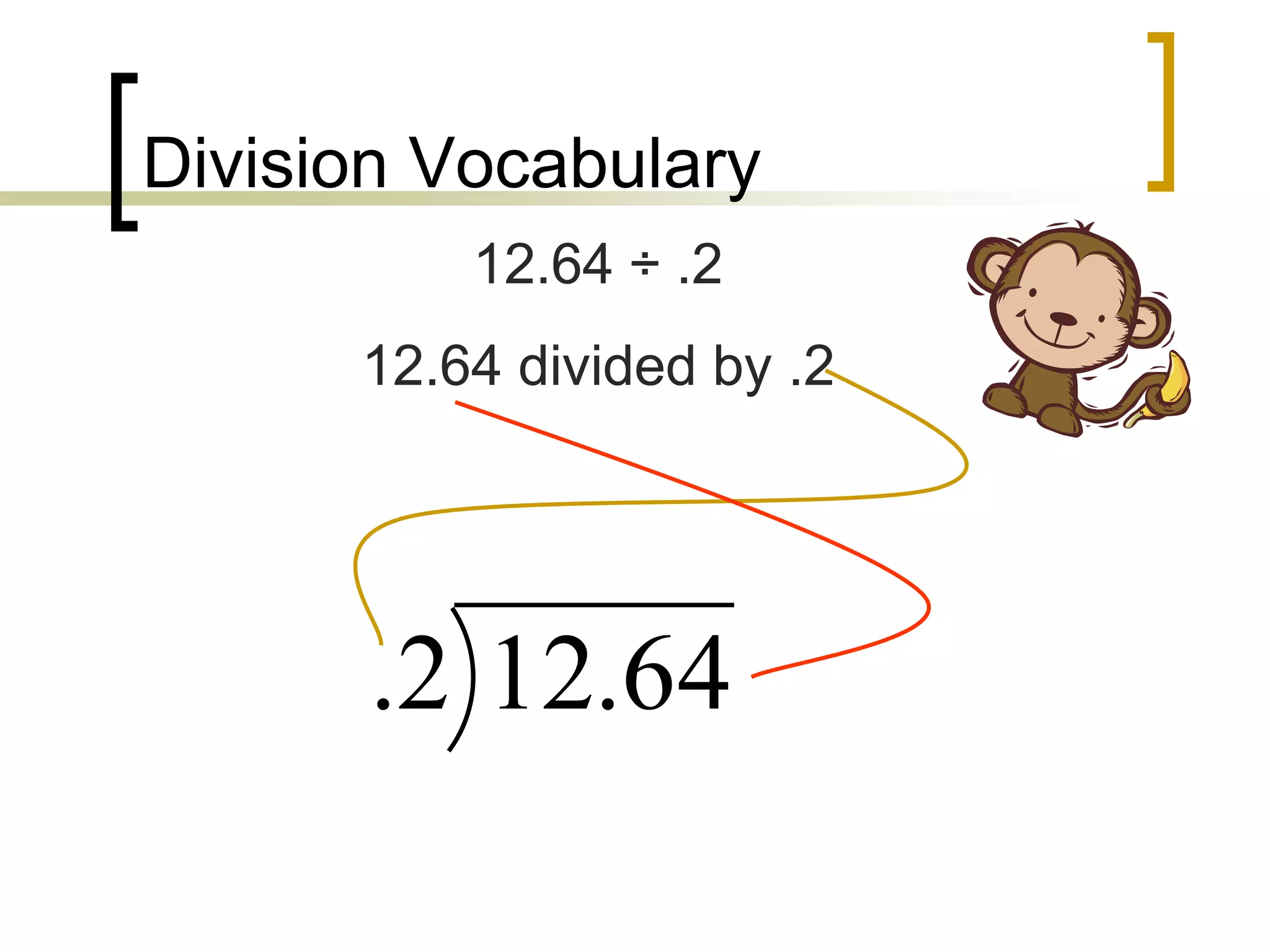 Division Vocabulary
64
.
12
2
.
12.64 ÷ .2
12.64 divided by .2