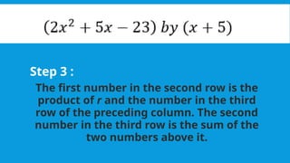 Step 3 :
The first number in the second row is the
product of r and the number in the third
row of the preceding column. The second
number in the third row is the sum of the
two numbers above it.
 