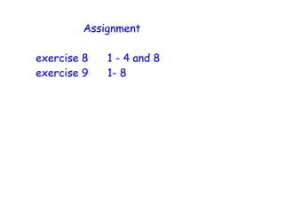 Assignment

exercise 8   1 - 4 and 8
exercise 9   1- 8
 