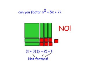 can you factor x 2 + 5x + 7?




                          NO!


    (x + 3) (x + 2) + 1

      Not factors!
 