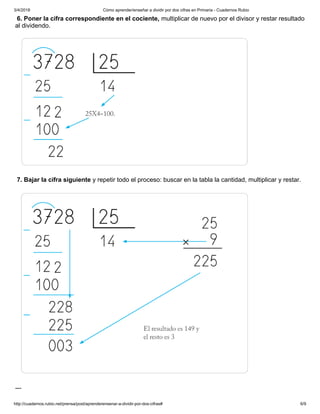 3/4/2018 Cómo aprender/enseñar a dividir por dos cifras en Primaria - Cuadernos Rubio
http://cuadernos.rubio.net/prensa/post/aprenderensenar-a-dividir-por-dos-cifras# 6/9
6. Poner la cifra correspondiente en el cociente, multiplicar de nuevo por el divisor y restar resultado
al dividendo.
7. Bajar la cifra siguiente y repetir todo el proceso: buscar en la tabla la cantidad, multiplicar y restar.
---
 