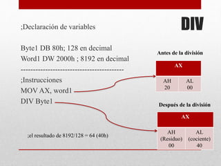 ;Declaración de variables DIV 
Byte1 DB 80h; 128 en decimal 
Word1 DW 2000h ; 8192 en decimal 
------------------------------------------ 
;Instrucciones 
MOV AX, word1 
DIV Byte1 
Antes de la división 
AX 
AH 
20 
AL 
00 
Después de la división 
AX 
AH 
(Residuo) 
00 
AL 
(cociente) 
40 
;el resultado de 8192/128 = 64 (40h) 
 
