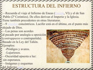 ESTRUCTURA DEL INFIERNO 
—Recuerda el viaje al Infierno de Eneas (Eneida, VI) y el de San 
Pablo (2ª Corintios). De ellos derivan el Imperio y la Iglesia. 
Tiene también precedentes en otras literaturas. 
—9 círculos concéntricos. Lucifer está en el último, en el punto más 
alejado de Dios. 
—Las penas son acordes 
al pecado por analogía u oposición 
(contrappasso o contrapartida). 
Basado en la Ley del Talión. 
Ejemplos: 
-Pródigos y avaros. 
-Lujuriosos. 
—Oscuridad opuesta a luz: 
sin esperanza. 
—Imágenes y esquemas 
del Infierno aquí. 
 