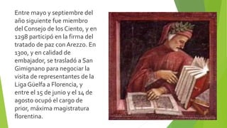 Entre mayo y septiembre del
año siguiente fue miembro
del Consejo de los Ciento, y en
1298 participó en la firma del
tratado de paz con Arezzo. En
1300, y en calidad de
embajador, se trasladó a San
Gimignano para negociar la
visita de representantes de la
Liga Güelfa a Florencia, y
entre el 15 de junio y el 14 de
agosto ocupó el cargo de
prior, máxima magistratura
florentina.
 