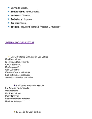  Servicial: Criada.
 Simplemente: Ingenuamente.
 Tranzada: Trenzada.
 Trebejando: Jugando.
 Turome: Durote.
 Zozobra.-Inquietud,Temor 2. Fracasar O Frustrarse
SIGNIFICADO GRAMATICAL
En El Cielo De Sol Estaban Los Sabios
En- Preposición
El- Articulo Determinante
Cielo- Sustantivo
De-Preposición
Sol- Sustantivo
Estaban- Verbo Indicativo
Los- Artículo Determinante
Sabios- Sustantivo Masculino
La Voz De Pluto Nos Recibió
La: Artículo Determinado
Voz: Nombre
De: Preposición
Pluto: Nombre
Nos: Pronombre Personal
Recibió:Infinitivo
El Deseo De Los Hombres
 