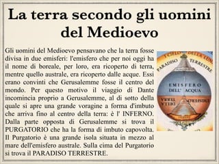 La terra secondo gli uomini
del Medioevo
Gli uomini del Medioevo pensavano che la terra fosse
divisa in due emisferi: l'emisfero che per noi oggi ha
il nome di boreale, per loro, era ricoperto di terra,
mentre quello australe, era ricoperto dalle acque. Essi
erano convinti che Gerusalemme fosse il centro del
mondo. Per questo motivo il viaggio di Dante
incomincia proprio a Gerusalemme, al di sotto della
quale si apre una grande voragine a forma d'imbuto
che arriva fino al centro della terra: è l' INFERNO.
Dalla parte opposta di Gerusalemme si trova il
PURGATORIO che ha la forma di imbuto capovolta.
Il Purgatorio è una grande isola situata in mezzo al
mare dell'emisfero australe. Sulla cima del Purgatorio
si trova il PARADISO TERRESTRE.

 