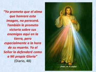 “ Yo prometo que el alma que honrare esta imagen, no perecerá. También le prometo victoria sobre sus enemigos aquí en la tierra, pero especialmente a la hora de su muerte. Yo el Señor la defenderé como a Mi propia Gloria”   (Diario, 48) 