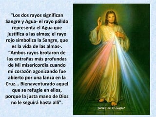 "Los dos rayos significan Sangre y Agua- el rayo pálido representa el Agua que justifica a las almas; el rayo rojo simboliza la Sangre, que es la vida de las almas-. “Ambos rayos brotaron de las entrañas más profundas de Mi misericordia cuando mi corazón agonizando fue abierto por una lanza en la Cruz... Bienaventurado aquel que se refugie en ellos, porque la justa mano de Dios no le seguirá hasta allí". 