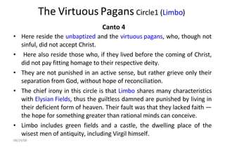 The Virtuous Pagans  Circle1 ( Limbo )    Canto 4 Here reside the  unbaptized  and the  virtuous pagans , who, though not sinful, did not accept Christ. Here also reside those who, if they lived before the coming of Christ, did not pay fitting homage to their respective deity.  They are not punished in an active sense, but rather grieve only their separation from God, without hope of reconciliation.  The chief irony in this circle is that  Limbo  shares many characteristics with  Elysian Fields , thus the guiltless damned are punished by living in their deficient form of heaven. Their fault was that they lacked faith — the hope for something greater than rational minds can conceive.  Limbo includes green fields and a castle, the dwelling place of the wisest men of antiquity, including Virgil himself.  06/04/09 