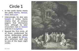 Circle 1 In the castle Dante meets the poets  Homer ,  Horace ,  Ovid , and  Lucan .  Interestingly, he also sees  Saladin  in Limbo. Dante implies that all virtuous pagans find themselves here, although he later encounters two in  heaven  and one in  purgatory .  Beyond the first circle, all of those condemned for active, deliberately willed sin are judged by  Minos , who sentences each soul to one of the lower eight circles.  06/04/09 
