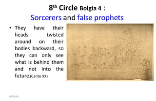 8 th  Circle  Bolgia 4   :  Sorcerers  and  false prophets   They have their heads twisted around on their bodies backward, so they can only see what is behind them and not into the future .(Canto XX)  06/04/09 