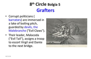 8 th  Circle  Bolgia 5   Grafters Corrupt politicians ( barrators ) are immersed in a lake of boiling pitch, guarded by  devils, the Malebranche  ("Evil Claws").  Their leader, Malacoda ("Evil Tail"), assigns a troop to escort Virgil and Dante to the next bridge. 06/04/09 