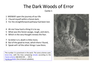 The Dark Woods of Error Canto 1 1  MIDWAY upon the journey of our life  2   I found myself within a forest dark,  3   For the straightforward pathway had been lost.    4   Ah me! how hard a thing it is to say 5   What was this forest savage, rough, and stern,  6   Which in the very thought renews the fear.   7   So bitter is it, death is little more;  8   But of the good to treat, which there I found, 9   Speak will I of the other things I saw there. The number 3 is prominent in the work. The verse scheme used,  terza rima , with the lines composing  tercets  according to the  rhyme scheme  ABA BCB CDC . . . YZY Z. hendecasyllable  (line of eleven syllables),  06/04/09 