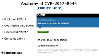 Anatomy of CVE-2017-8046
(Fool Me Once)
• Published 9/21/17 
• CVE created 01/04/2018 
• Discovered 2/18/17 
• Corrected 3/6/18 
@botchagalupe
 
