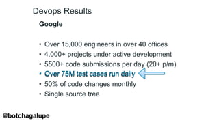 Devops Results
Google
• Over 15,000 engineers in over 40 offices
• 4,000+ projects under active development
• 5500+ code submissions per day (20+ p/m)
• Over 75M test cases run daily
• 50% of code changes monthly
• Single source tree
• Over 75M test cases run daily
@botchagalupe
 