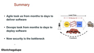 19
Summary
• Agile took us from months to days to
deliver software
• Devops took from months to days to
deploy software
• Now security is the bottleneck
@botchagalupe
 