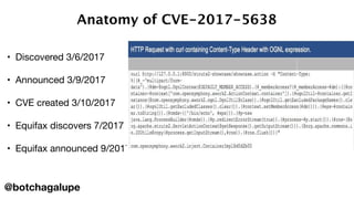 • Discovered 3/6/2017 
• Announced 3/9/2017 
• CVE created 3/10/2017 
• Equifax discovers 7/2017 
• Equifax announced 9/2017 
Anatomy of CVE-2017-5638
@botchagalupe
 