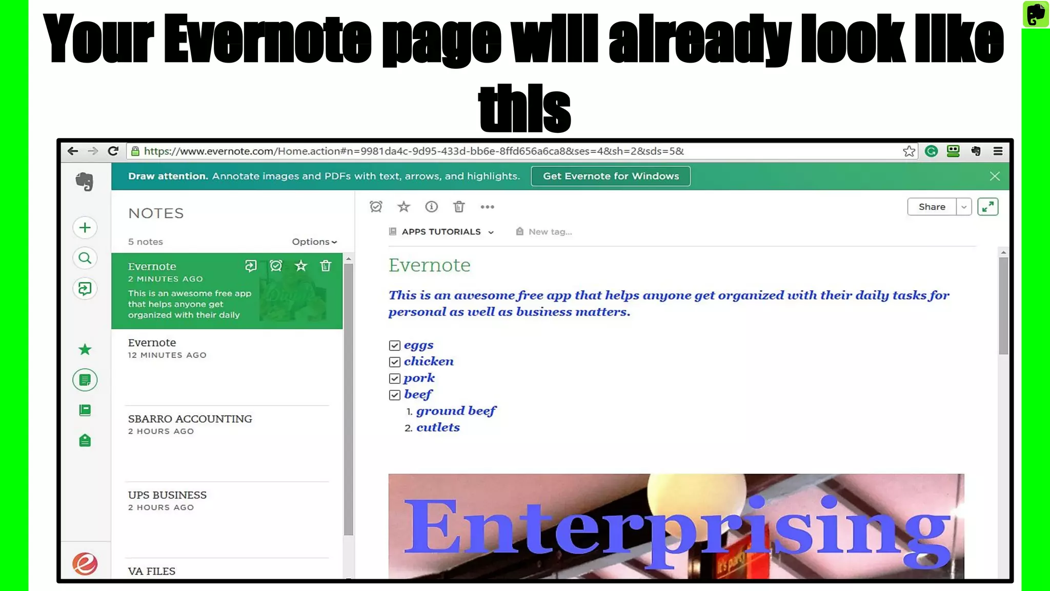 Your Evernote page will already look like
this
 