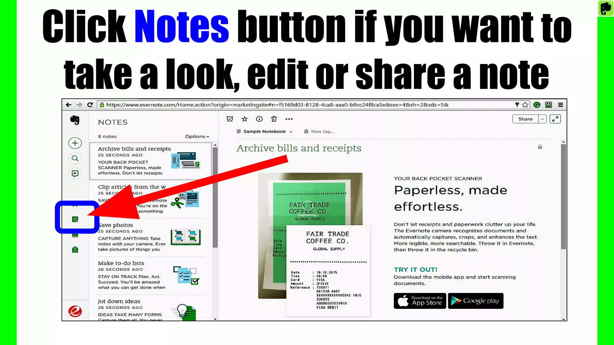 Click Notes button if you want to
take a look, edit or share a note
 