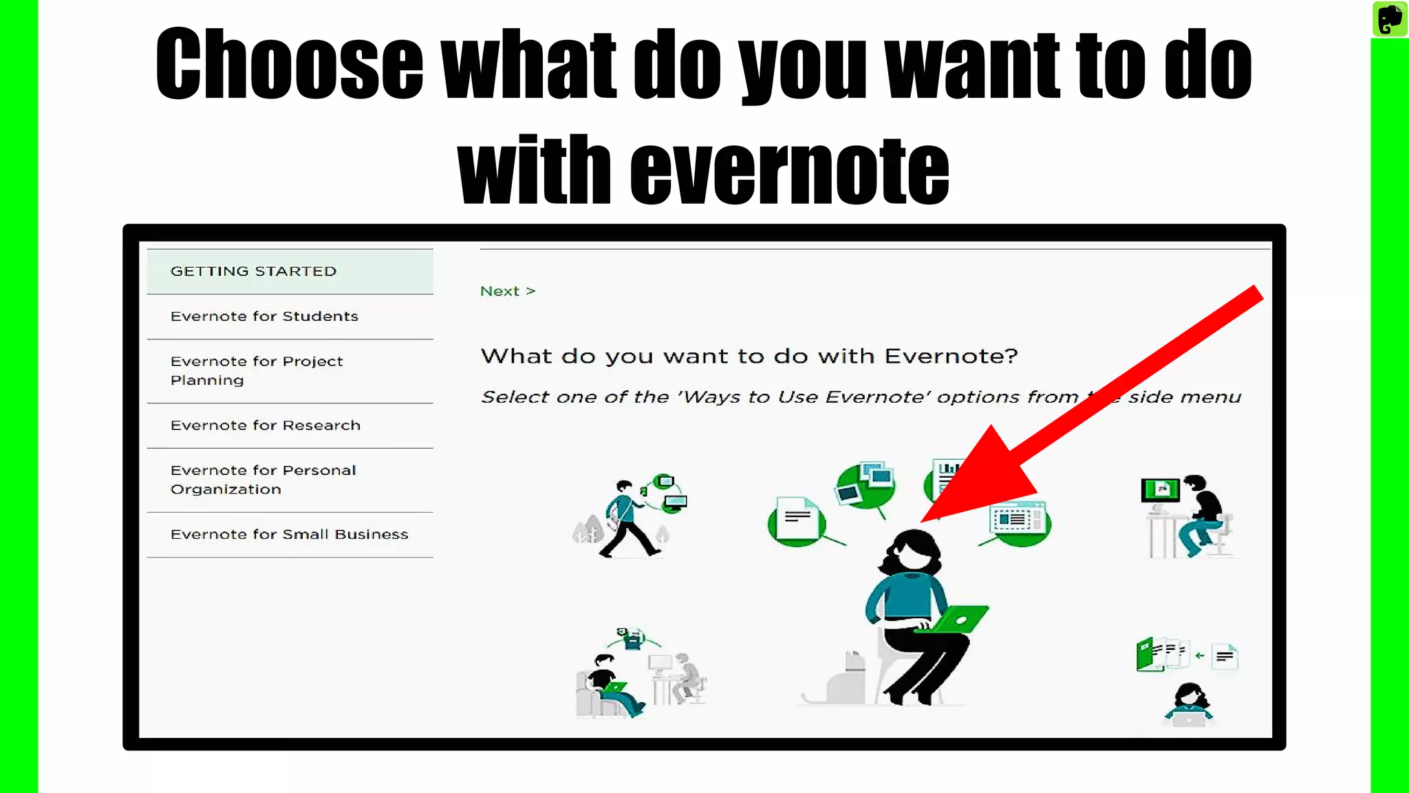 Choose what do you want to do
with evernote
 