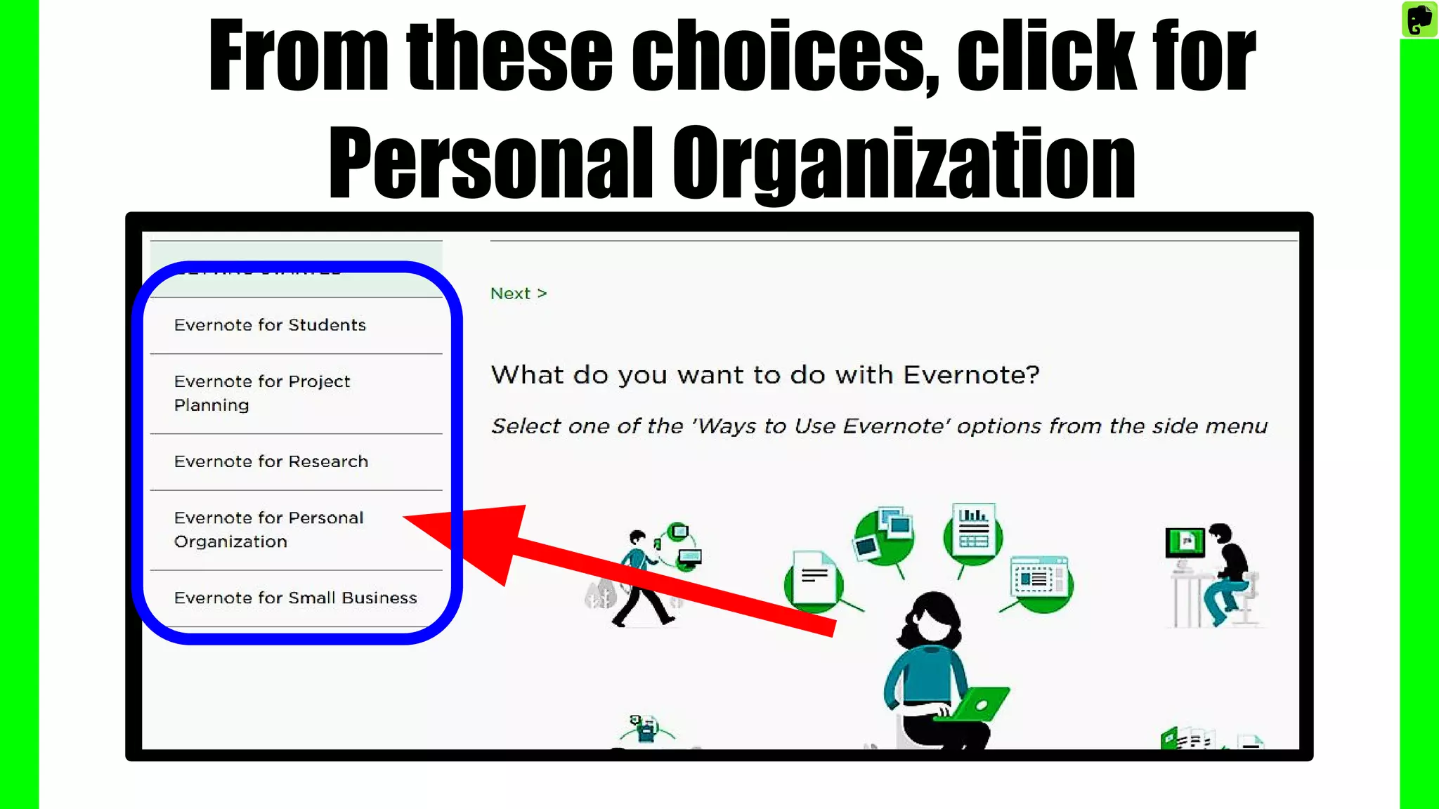 From these choices, click for
Personal Organization
 