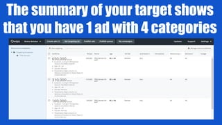 The summary of your target shows
that you have 1 ad with 4 categories
 