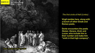 CANTO IV The Virtuous Pagan
Circle 1 - Limbo
Homer, the poets, and heroes in Limbo
The first circle of Hell (Limbo) :
Virgil resides here, along with
a bunch of other Greek and
Roman poets.
Dante encounters the poets
Homer, Horace, Ovid, and
Lucan, who include him in
their number and make him
"sixth in that high company".
 