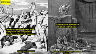 CANTO XVIII The Fraudulent
Circle 8 –
Bolgia I : Devils and seducers Bolgia II: Paramours and flatterers in the eighth
circle
Panderers and Seducers walk
in separate line in opposite
direction, whipped by demons.
Flatterers are steeped in
human excrement.
 
