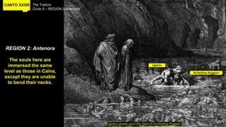 CANTO XXXIII The Traitors
Circle 9 – REGION 2:Antenora
REGION 2: Antenora
The souls here are
immersed the same
level as those in Caïna,
except they are unable
to bend their necks.
Ugolino gnaws upon the head of Archbishop Ruggieri
Archbishop Ruggierir
Ugolino
 