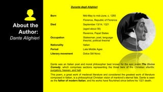About the
Author:
Durante degli Alighieri
Born Mid-May to mid-June, c. 1265
Florence, Republic of Florence
Died September 13/14, 1321
(aged about 56)
Ravenna, Papal States
Occupation Statesman, poet, language
theorist, political theorist
Nationality Italian
Period Late Middle Ages
Literary movement Dolce Stil Novo
Dante was an Italian poet and moral philosopher best known for the epic poem The Divine
Comedy, which comprises sections representing the three tiers of the Christian afterlife:
purgatory, heaven, and hell.
This poem, a great work of medieval literature and considered the greatest work of literature
composed in Italian, is a philosophical Christian vision of mankind’s eternal fate. Dante is seen
as the father of modern Italian, and his works have flourished since before his 1321 death.
Dante Alighieri
 