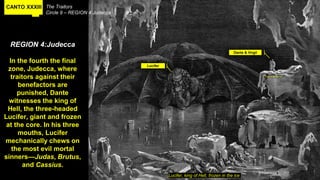 CANTO XXXIII The Traitors
Circle 9 – REGION 4:Judecca
REGION 4:Judecca
In the fourth the final
zone, Judecca, where
traitors against their
benefactors are
punished, Dante
witnesses the king of
Hell, the three-headed
Lucifer, giant and frozen
at the core. In his three
mouths, Lucifer
mechanically chews on
the most evil mortal
sinners—Judas, Brutus,
and Cassius.
Lucifer, king of Hell, frozen in the ice
Lucifer
Dante & Virgil
They’re so tiny.lol
 