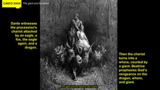 CANTO XXXX The giant and the harlot
Dante witnesses
the procession's
chariot attacked
by an eagle, a
fox, the eagle
again, and a
dragon.
The giant and the harlot in the chariot
Then the chariot
turns into a
whore, courted by
a giant. Beatrice
prophesies God’s
vengeance on the
dragon, whore,
and giant.
 
