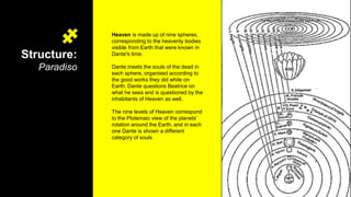 Structure:
Paradiso
Heaven is made up of nine spheres,
corresponding to the heavenly bodies
visible from Earth that were known in
Dante's time.
Dante meets the souls of the dead in
each sphere, organised according to
the good works they did while on
Earth. Dante questions Beatrice on
what he sees and is questioned by the
inhabitants of Heaven as well.
The nine levels of Heaven correspond
to the Ptolemaic view of the planets'
rotation around the Earth, and in each
one Dante is shown a different
category of souls
 