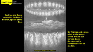 CANTO XII-XIII SUN
Philosophers
Beatrice and Dante
ascend to the Fourth
Heaven, sphere of the
Sun.
The rings of glorified souls in the sun
St. Thomas and eleven
other souls form a
crown around our
heroes. Dante
denounces the
senseless cares of
mortals.
 