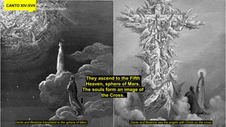 CANTO XIV-XVII MARS
The Church Militant
Dante and Beatrice see the angels with Christ on the crossDante and Beatrice translated to the sphere of Mars
They ascend to the Fifth
Heaven, sphere of Mars.
The souls form an image of
the Cross.
 