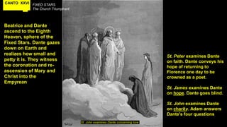 CANTO XXVI FIXED STARS
The Church Triumphant
Beatrice and Dante
ascend to the Eighth
Heaven, sphere of the
Fixed Stars. Dante gazes
down on Earth and
realizes how small and
petty it is. They witness
the coronation and re-
ascension of Mary and
Christ into the
Empyrean
St. John examines Dante concerning love
St. Peter examines Dante
on faith. Dante conveys his
hope of returning to
Florence one day to be
crowned as a poet.
St. James examines Dante
on hope. Dante goes blind.
St. John examines Dante
on charity. Adam answers
Dante's four questions
 