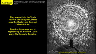 CANTO XXXI
PRIMUM MOBILE OR CRYSTALLINE HEAVEN
Angels
They ascend into the Tenth
Heaven, the Empyrean. Dante
sees the illusion and then real
Celestial Rose.
Beatrice disappears and is
replaced by St. Bernard. Dante
prays his thanks to Beatrice.
The saintly throng form a rose in the empyrean
 