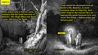 CANTO II The Descent
Virgil and Dante begin their
journey
Virgil asked the deceased love-of-
Dante’s-life, Beatrice, to send
someone down to help him. And
voila! Virgil to the rescue! He’s an
appropriate guide because he’s very
much like Dante, a fellow writer and
famous poet.
When asked why in hell he came, Virgil
answers that the head honchos of
Heaven—the Virgin Mary and Santa
Lucia—felt sorry for Dante.
Beatrice and Virgil
Beatrice
 