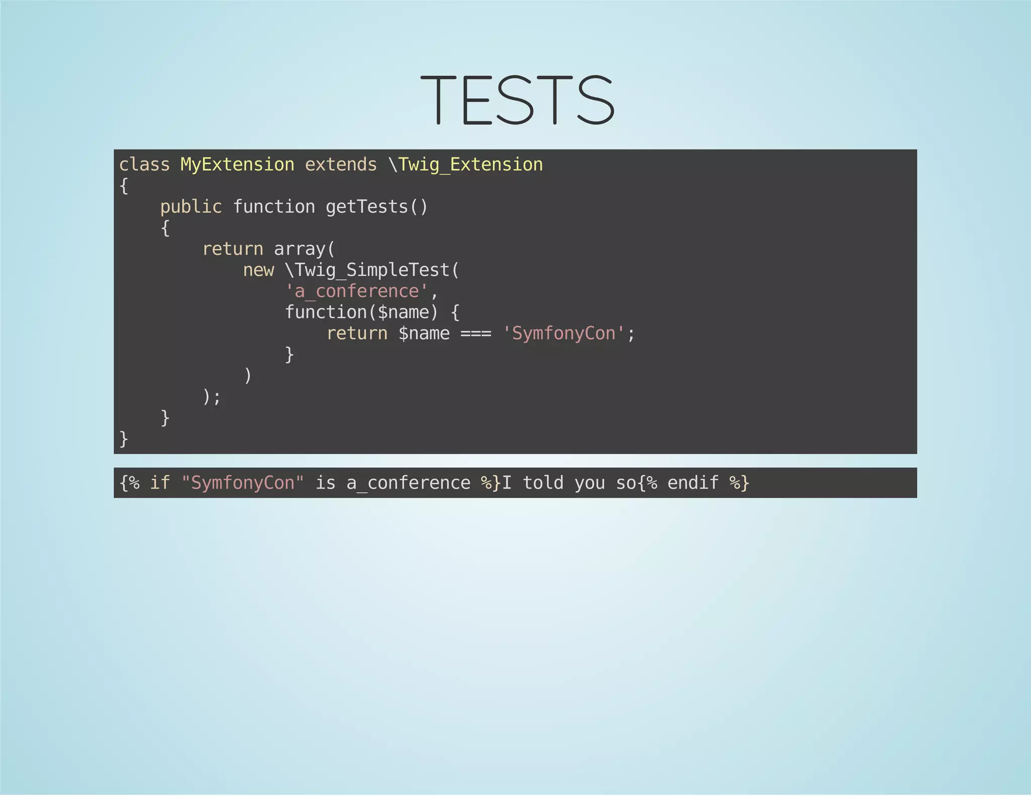 TESTS
casMEtninetnswgEtnin
ls yxeso xed Ti_xeso
{
pbi fnto gtet(
ulc ucin eTss)
{
rtr ary
eun ra(
nwwgSmlTs(
e Ti_ipeet
'_ofrne,
acneec'
fnto(nm){
ucin$ae
rtr $ae=='yfnCn;
eun nm = Smoyo'
}
)
)
;
}
}
{ i "yfnCn i acneec %Itl yus{ edf%
% f Smoyo" s _ofrne } od o o% ni }

 