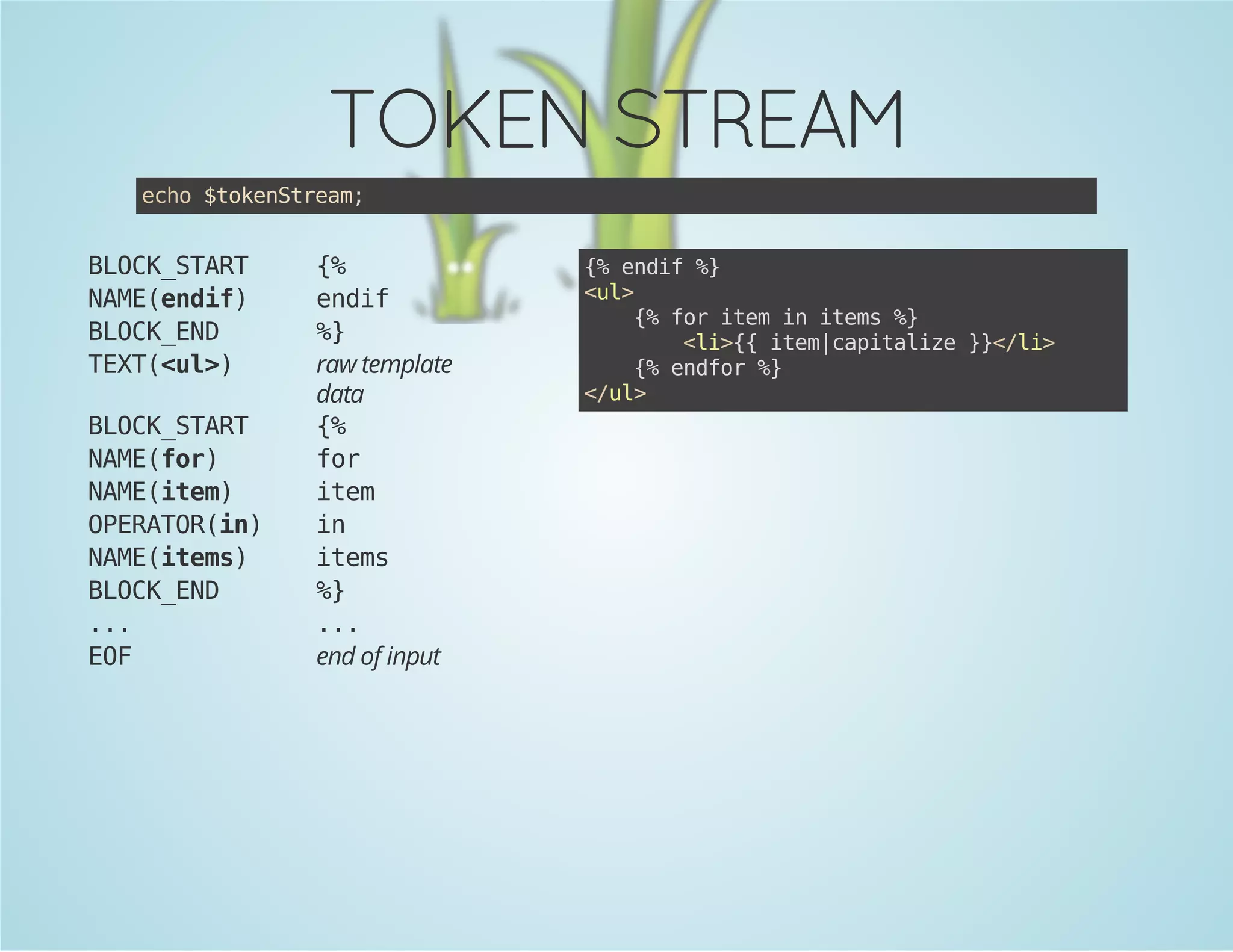 TOKEN STREAM
eh $oeSra;
co tkntem

BOKSAT
LC_TR
NM(ni)
AEedf
BOKED
LC_N
TX(u>
ET<l)
BOKSAT
LC_TR
NM(o)
AEfr
NM(tm
AEie)
OEAO(n
PRTRi)
NM(tm)
AEies
BOKED
LC_N
..
.
EF
O

{
%
edf
ni
%
}
raw template
data
{
%
fr
o
ie
tm
i
n
ies
tm
%
}
..
.
end of input

{ edf%
% ni }
<l
u>
{ frie i ies%
% o tm n tm }
<i{ ie|aiaie}<l>
l>{ tmcptlz }/i
{ edo %
% nfr }
<u>
/l

 