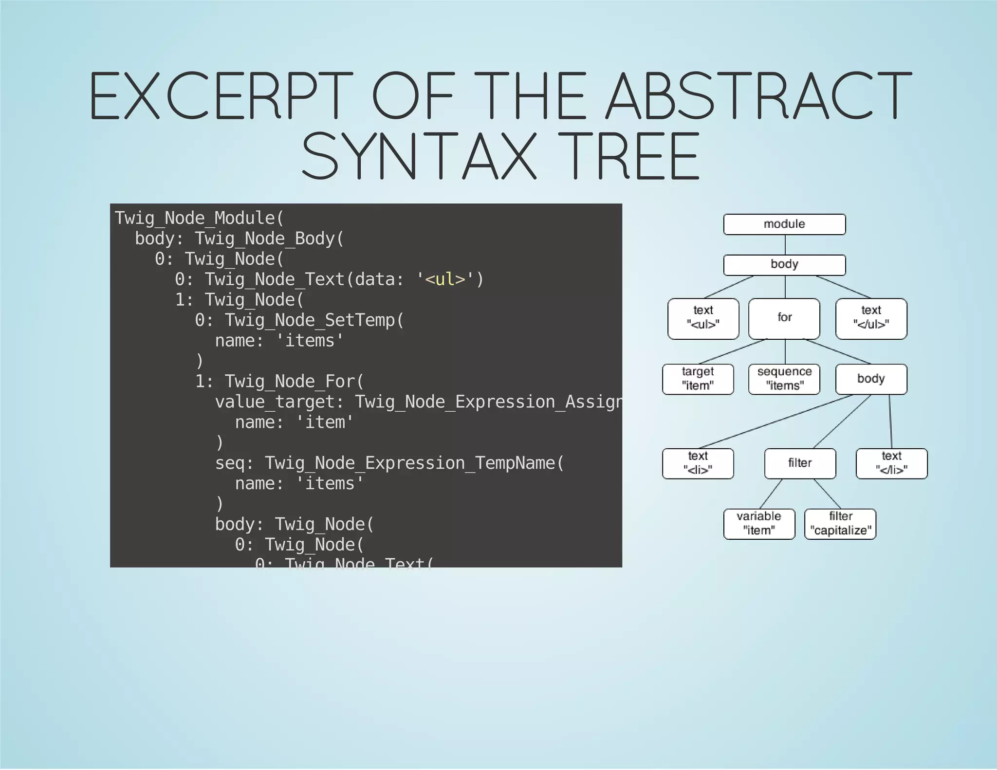 EXCERPT OF THE ABSTRACT
SYNTAX TREE
Ti_oeMdl(
wgNd_oue
bd:Ti_oeBd(
oy wgNd_oy
0 Ti_oe
: wgNd(
0 Ti_oeTx(aa 'u>)
: wgNd_etdt: <l'
1 Ti_oe
: wgNd(
0 Ti_oeStep
: wgNd_eTm(
nm:'tm'
ae ies
)
1 Ti_oeFr
: wgNd_o(
vletre:Ti_oeEpeso_sinae
au_agt wgNd_xrsinAsgNm(
nm:'tm
ae ie'
)
sq Ti_oeEpeso_epae
e: wgNd_xrsinTmNm(
nm:'tm'
ae ies
)
bd:Ti_oe
oy wgNd(
0 Ti_oe
: wgNd(
0 Ti_oeTx(
: wgNd_et
dt:'l>
aa <i'
)
1 Ti_oe
: wgNd(
0 Ti_oeStep
: wgNd_eTm(
nm:'tm
ae ie'
)
1 Ti_oePit
: wgNd_rn(
ep:Ti_oeEpeso_itr
xr wgNd_xrsinFle(
nd:Ti_oeEpeso_itr
oe wgNd_xrsinFle(

 