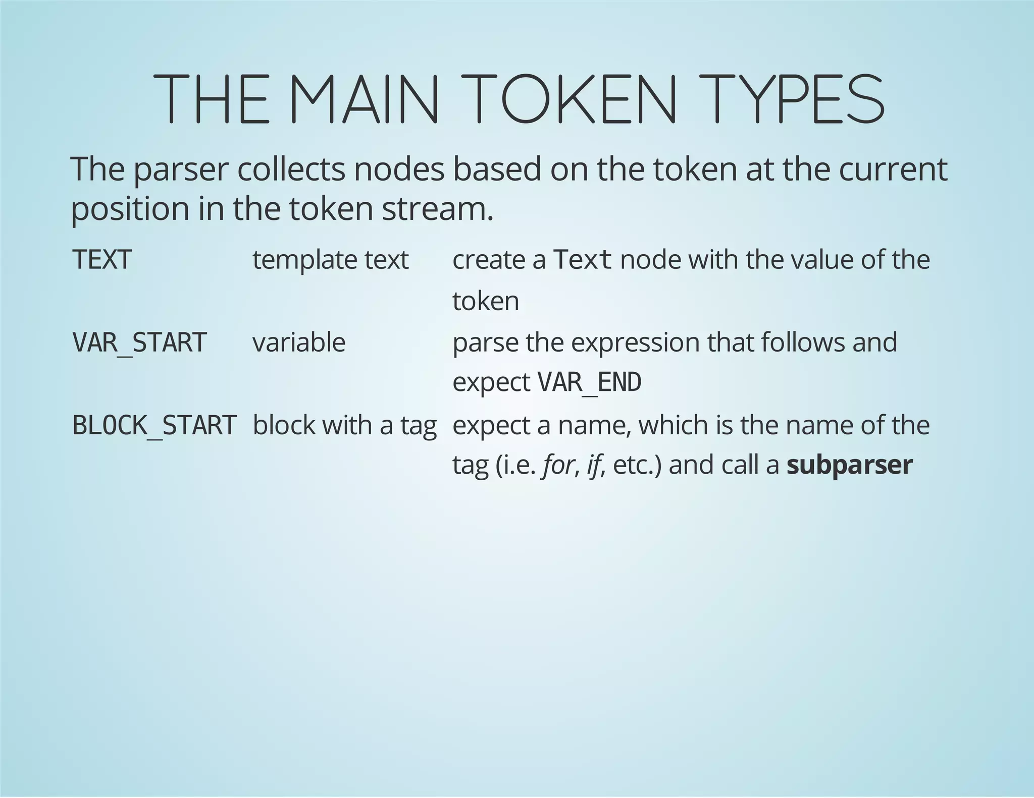 THE MAIN TOKEN TYPES
The parser collects nodes based on the token at the current
position in the token stream.
TX
ET

template text

create a T x node with the value of the
et
token

VRSAT
A_TR

variable

parse the expression that follows and
expect V R E D
A_N

B O K S A T block with a tag expect a name, which is the name of the
LC_TR
tag (i.e. for, if, etc.) and call a subparser

 