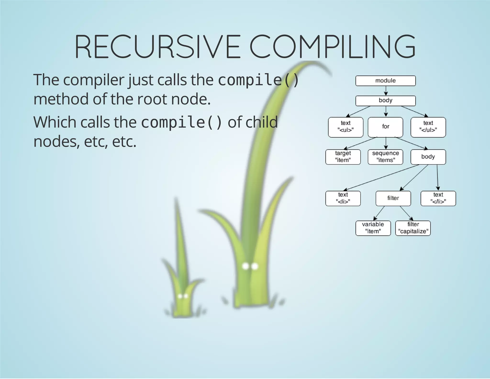RECURSIVE COMPILING
The compiler just calls the c m i e )
opl(
method of the root node.
Which calls the c m i e )of child
opl(
nodes, etc, etc.

 