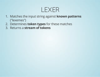 LEXER
1. Matches the input string against known patterns
("lexemes")
2. Determines token types for these matches
3. Returns a stream of tokens

 