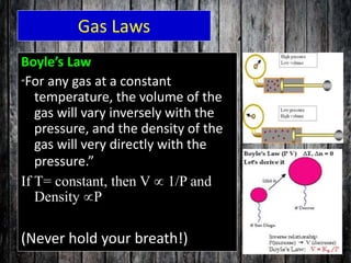 Gas Laws
Boyle’s Law
“For any gas at a constant
temperature, the volume of the
gas will vary inversely with the
pressure, and the density of the
gas will very directly with the
pressure.”
If T= constant, then V  1/P and
Density P
(Never hold your breath!)
 