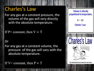 Charles’s Law
For any gas at a constant pressure, the
volume of the gas will very directly
with the absolute temperature.
If P= constant, then V  T
Or
For any gas at a constant volume, the
pressure of the gas will vary with the
absolute temperature.
If V= constant, then P  T
 