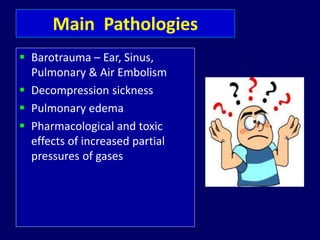 Main Pathologies
 Barotrauma – Ear, Sinus,
Pulmonary & Air Embolism
 Decompression sickness
 Pulmonary edema
 Pharmacological and toxic
effects of increased partial
pressures of gases
 