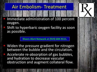 Air Embolism- Treatment
 Immediate administration of 100 percent
oxygen.
 Shift to hyperbaric oxygen facility as soon
as possible.
 Widen the pressure gradient for nitrogen
between the bubble and the circulation.
 Accelerate re-absorption of gas bubbles,
and hydration to decrease vascular
obstruction and augment collateral flow.
Divers Alert Network at (919) 684-9111.
 