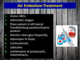 Air Embolism-Treatment
1. Assess ABCs.
2. Administer oxygen.
3. Place patient in left lateral
Trendelenburg position/Supine
position
4. Monitor vital signs frequently.
5. Administer IV fluids.
6. Corticosteroid.
7. Lidocaine.
8. combination of prostacyclin,
indomethacin, and heparin h
 