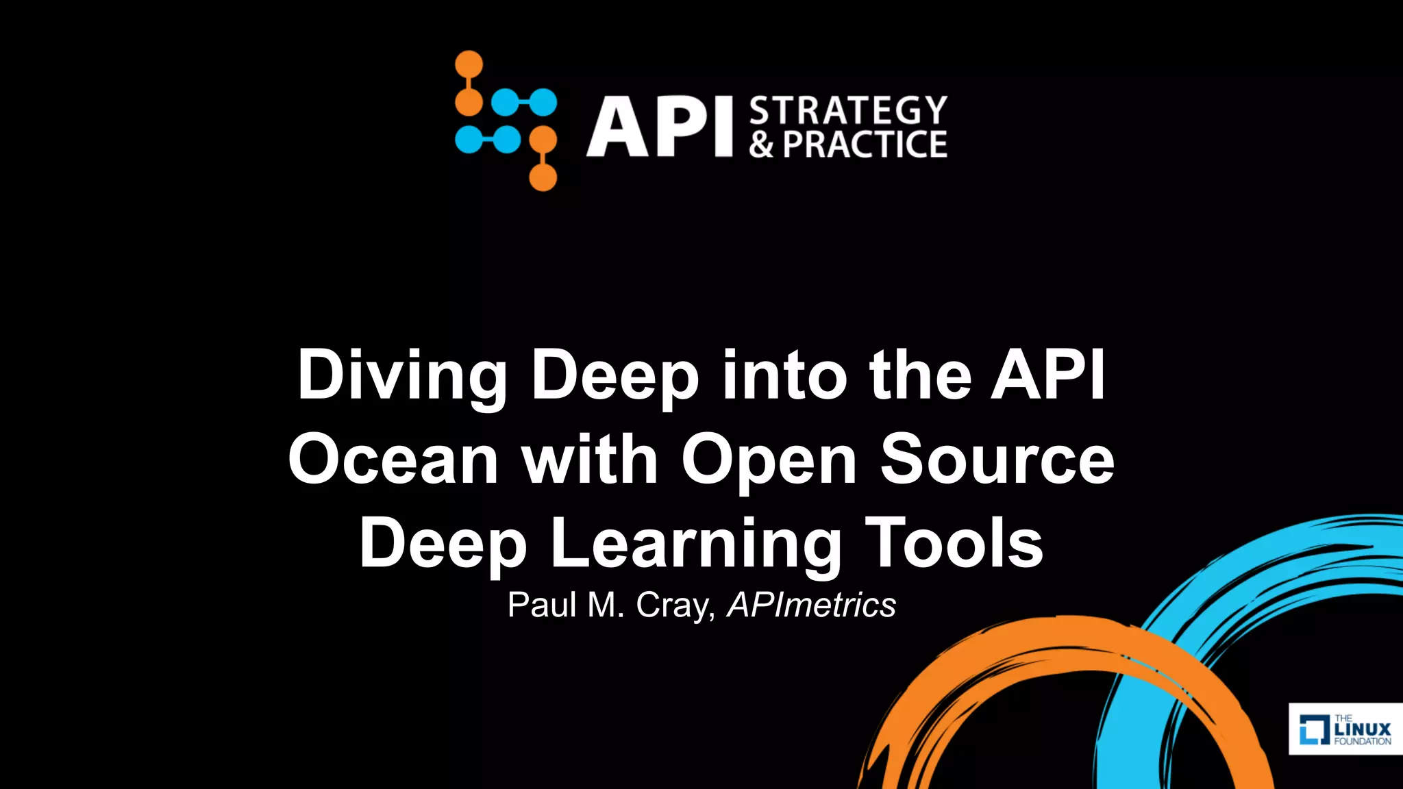 Diving Deep into the API
Ocean with Open Source
Deep Learning Tools
Paul M. Cray, APImetrics
 